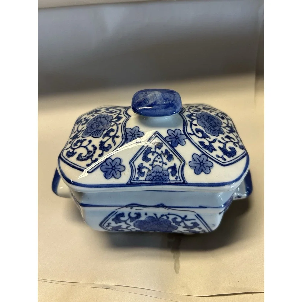 Vintage Blue & White Chinese Bowl with Lid, Hallmarked
